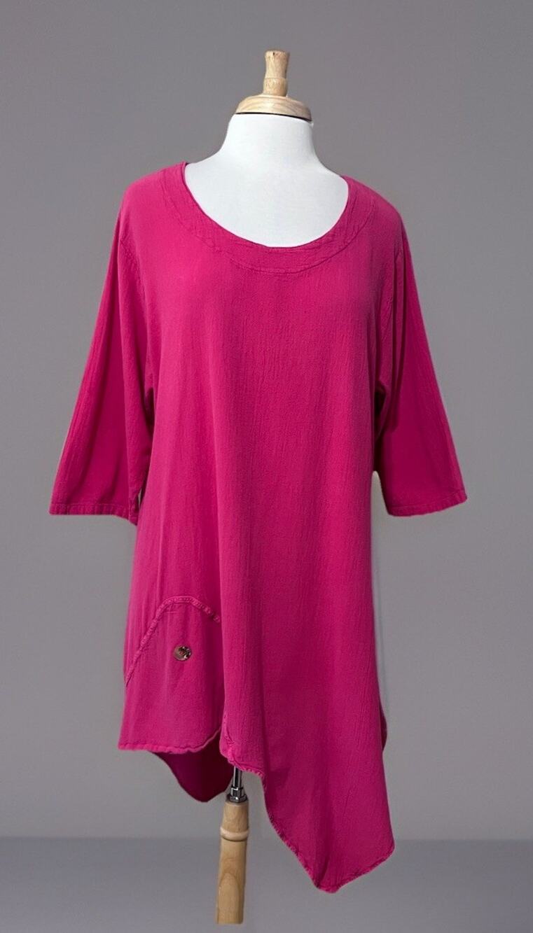 Cottonways Rose Magenta Gauze Asymmetric Lagenlook Tunic Top Womens 2 L/XL